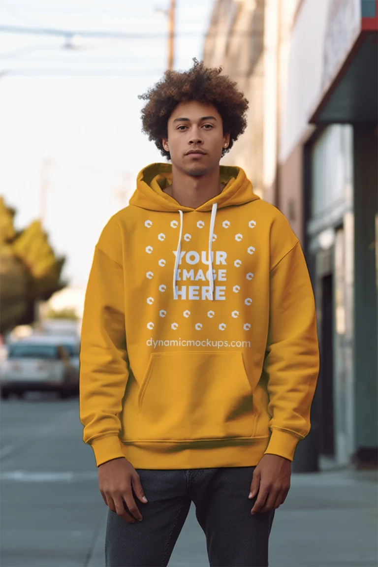 Man Wearing Orange Hoodie Mockup Front View Template