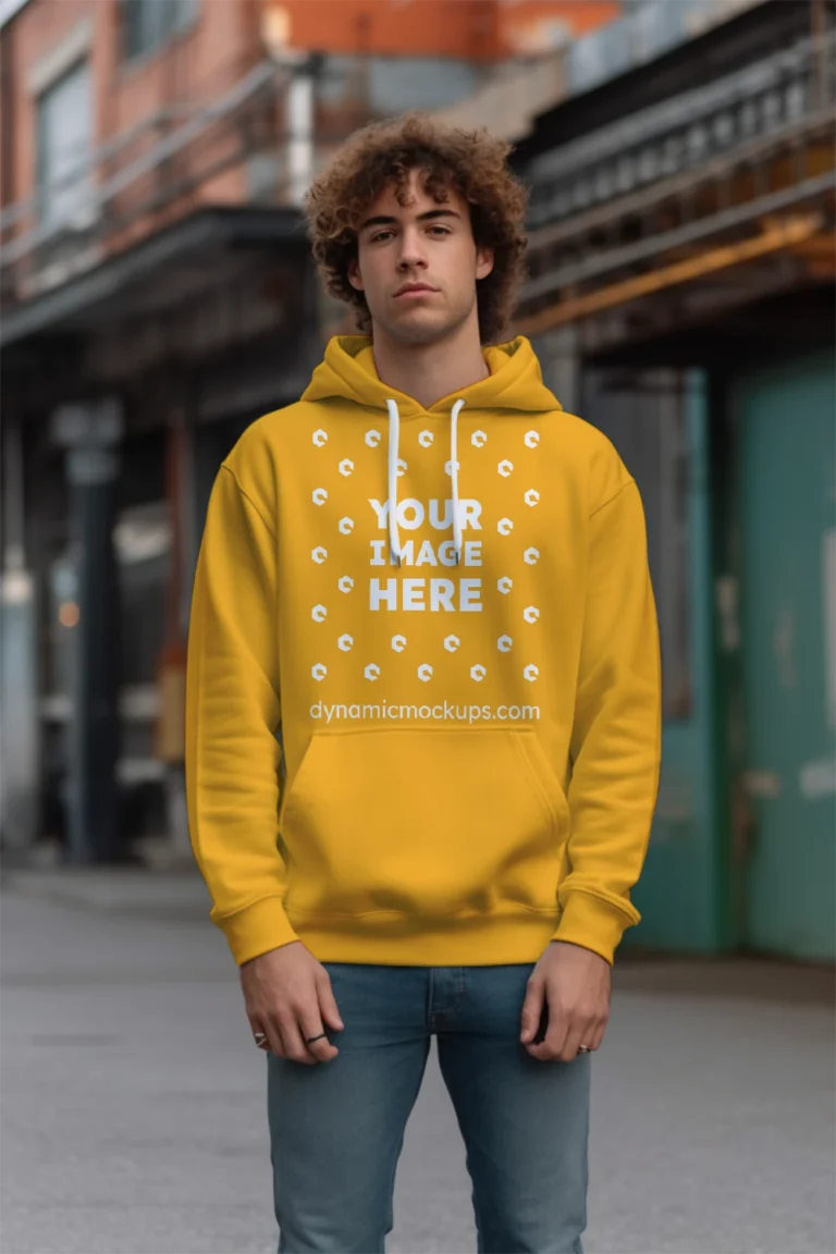 Man Wearing Orange Hoodie Mockup Front View Template