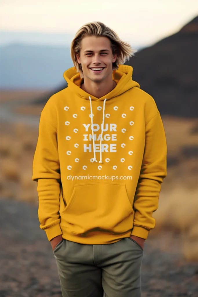 Man Wearing Orange Hoodie Mockup Front View Template