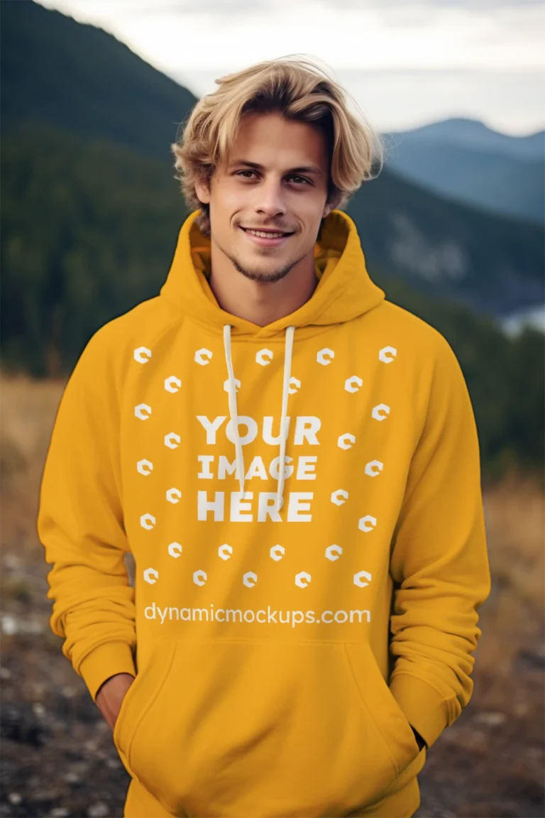 Man Wearing Orange Hoodie Mockup Front View Template