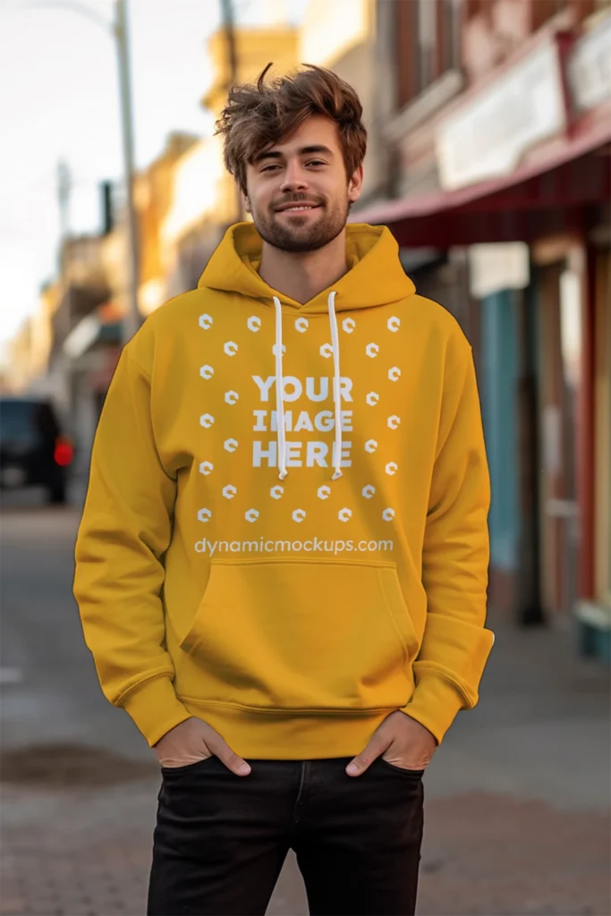 Man Wearing Orange Hoodie Mockup Front View Template