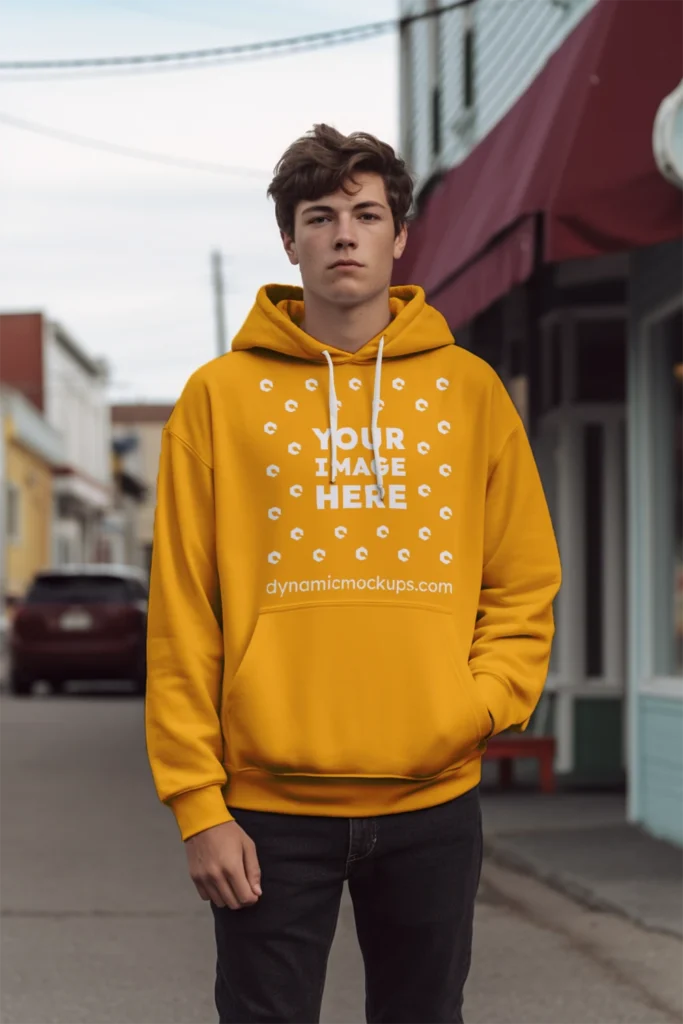 Man Wearing Orange Hoodie Mockup Front View Template