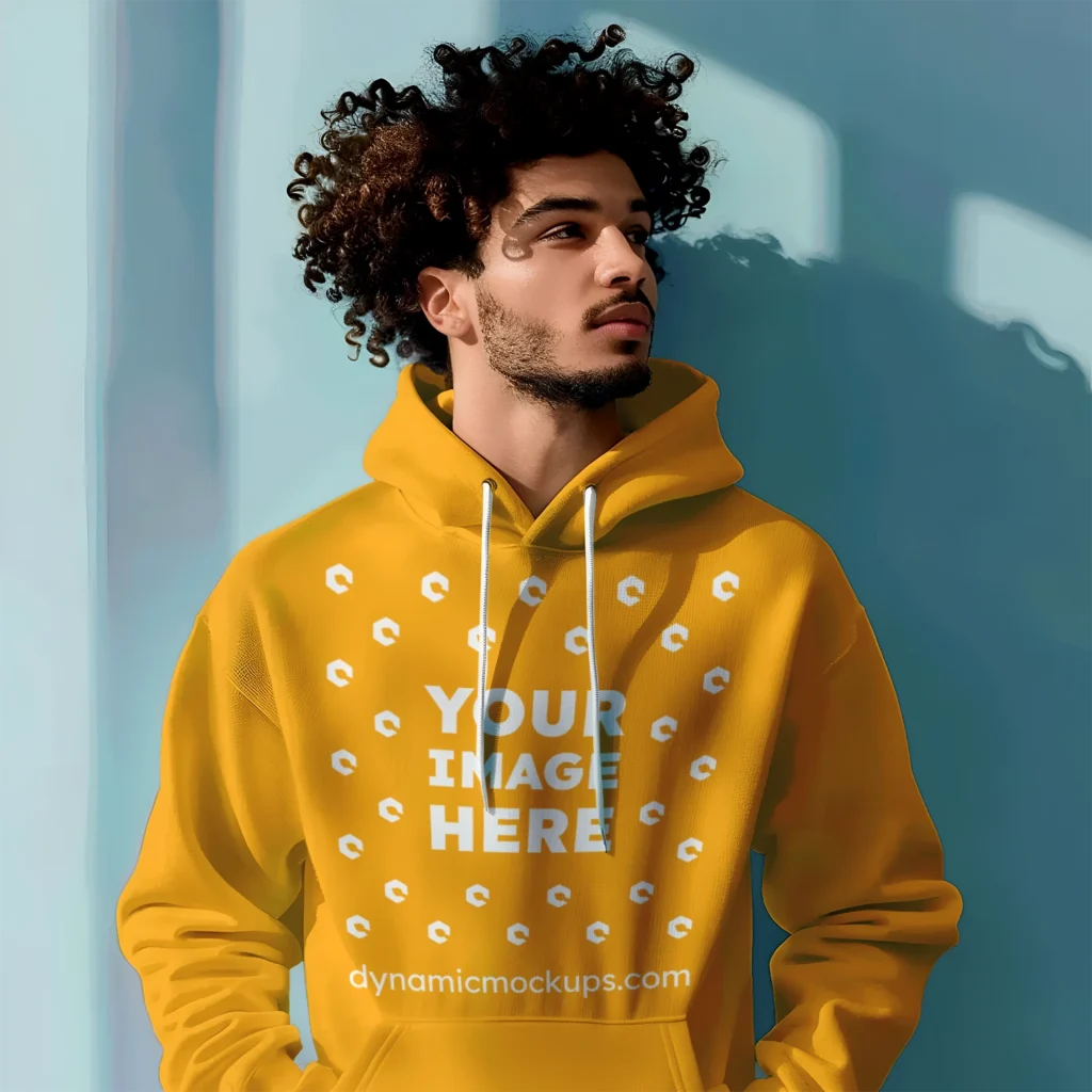 Man Wearing Orange Hoodie Mockup Front View Template