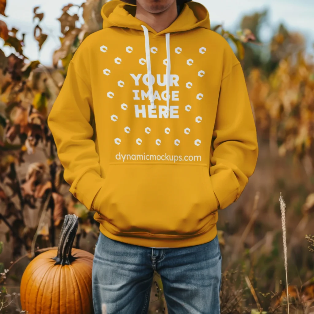 Man Wearing Orange Hoodie Mockup Front View Template