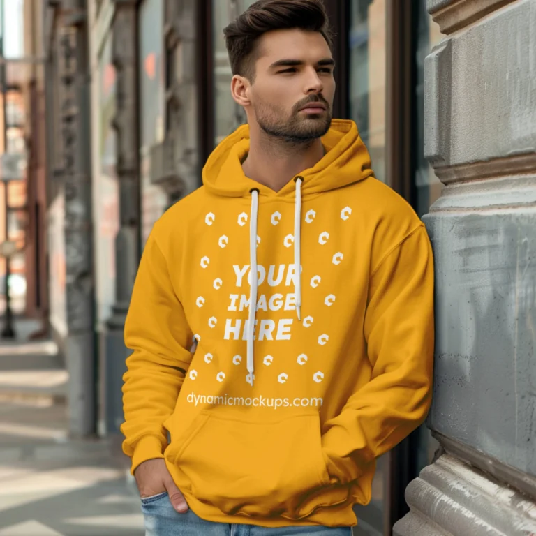 Man Wearing Orange Hoodie Mockup Front View Template