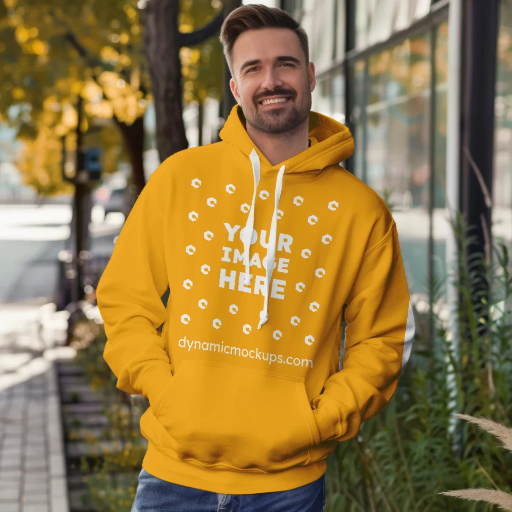 Man Wearing Orange Hoodie Mockup Front View Template