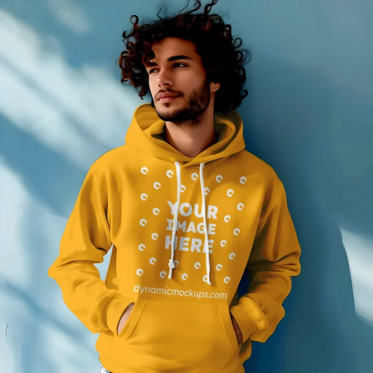 Man Wearing Orange Hoodie Mockup Front View Template