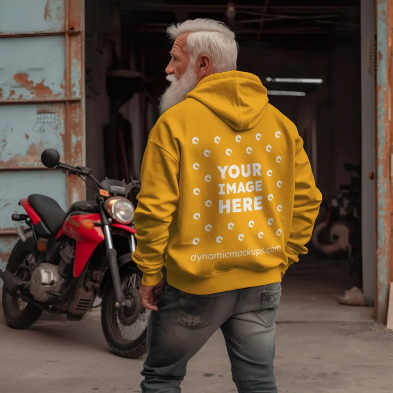 Man Wearing Orange Hoodie Mockup Back View Template