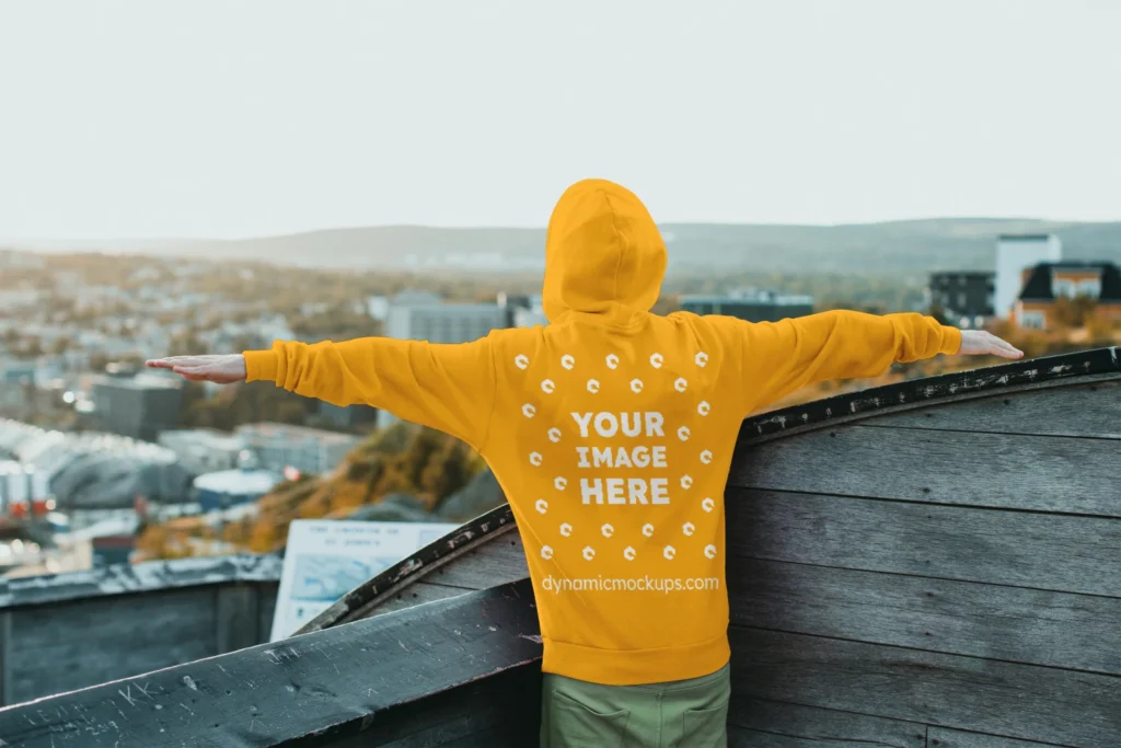 Man Wearing Orange Hoodie Mockup Back View Template