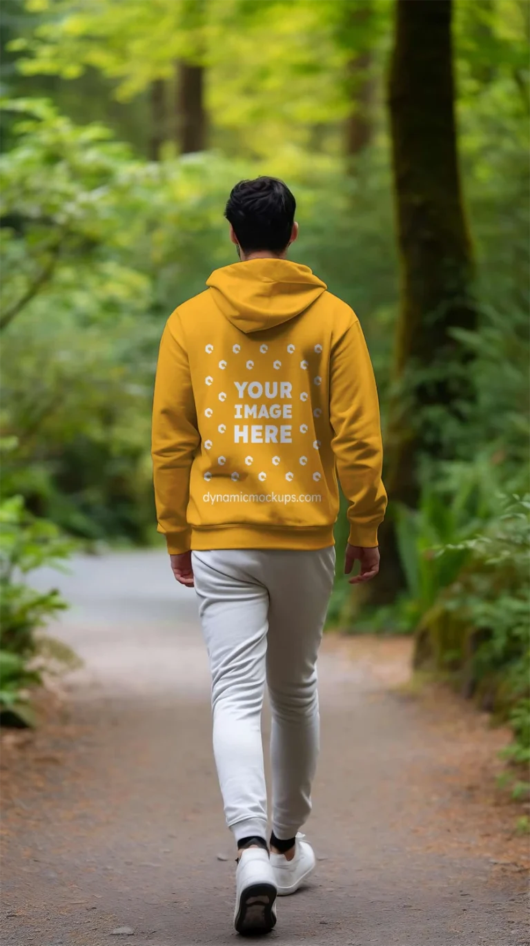 Man Wearing Orange Hoodie Mockup Back View Template