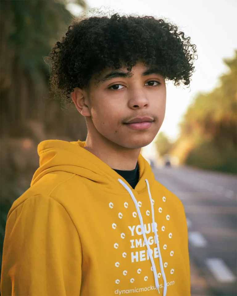 Man Wearing Orange Hoodie Mockup Front View Template