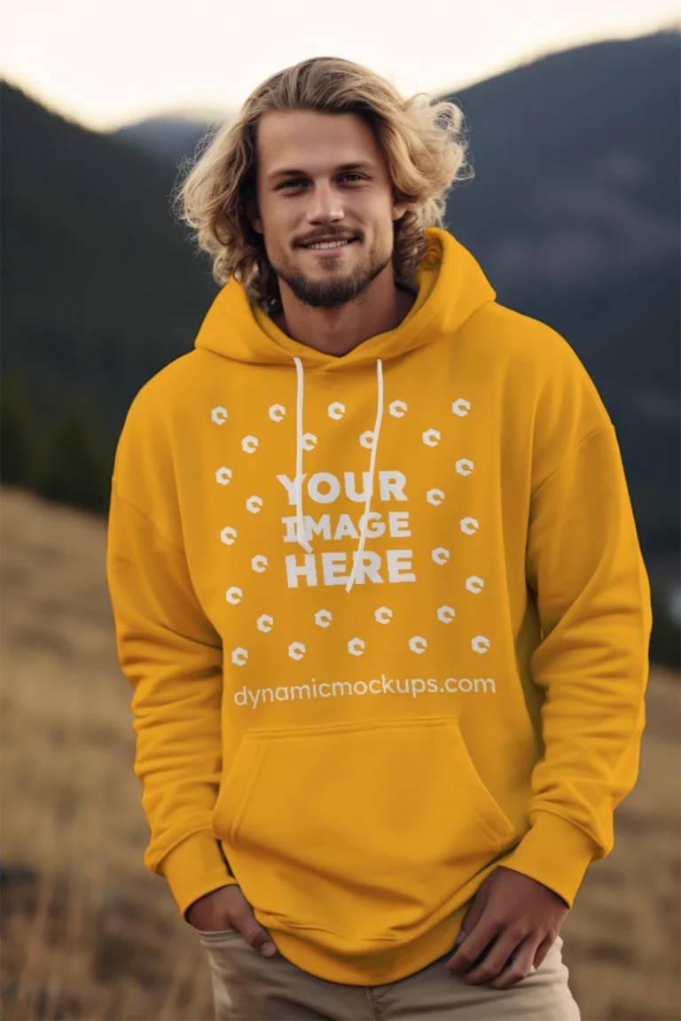 Man Wearing Orange Hoodie Mockup Front View Template