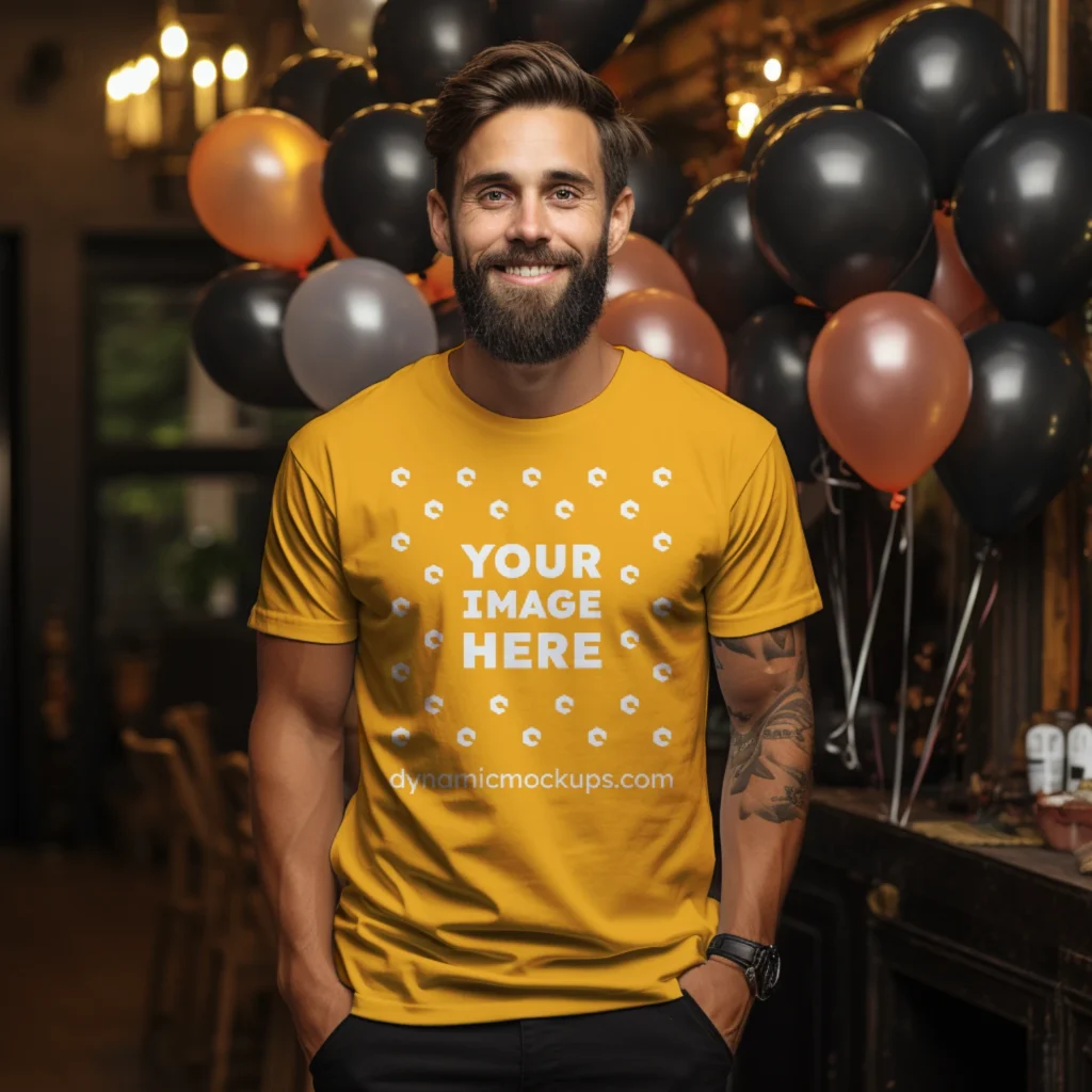 Man Wearing Orange T-shirt Mockup Front View Template