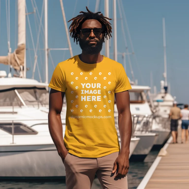 Man Wearing Orange T-shirt Mockup Front View Template