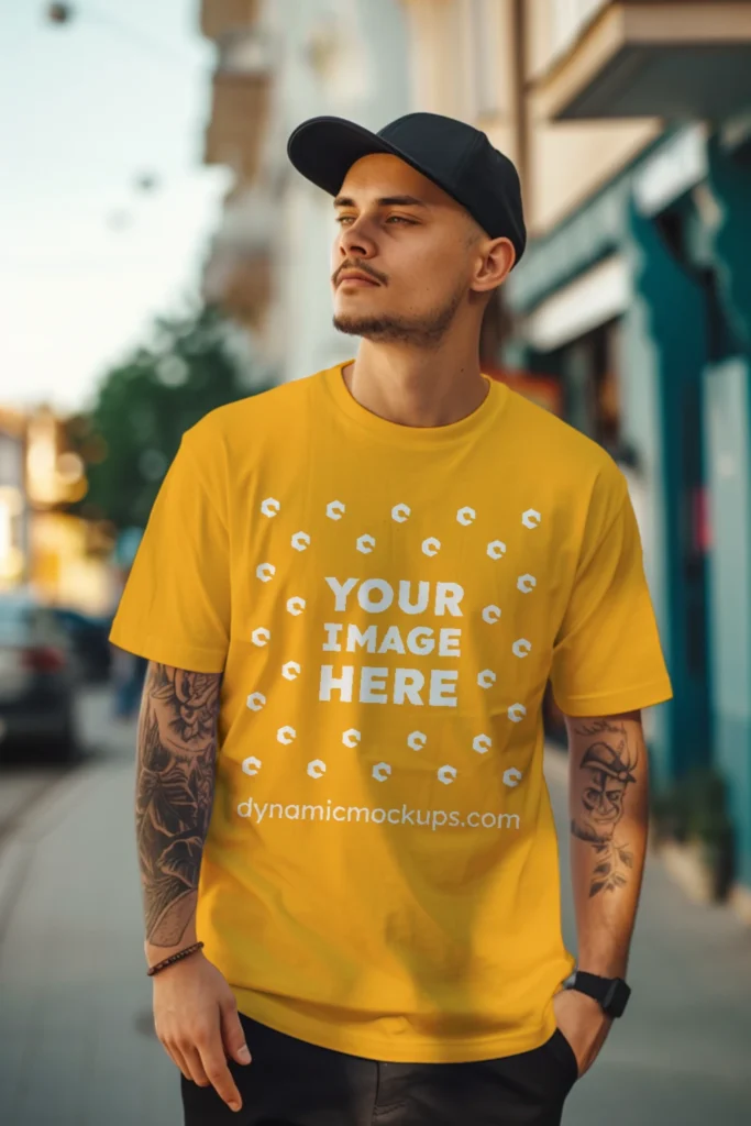 Man Wearing Orange T-shirt Mockup Front View Template