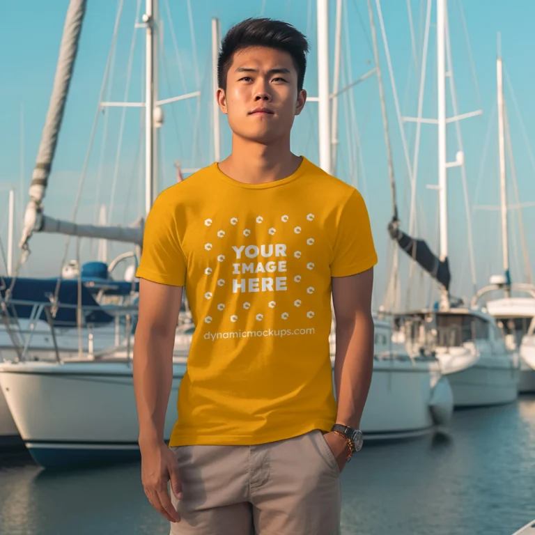 Man Wearing Orange T-shirt Mockup Front View Template