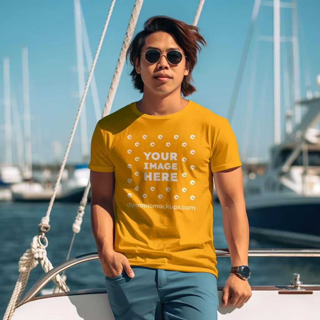 Man Wearing Orange T-shirt Mockup Front View Template