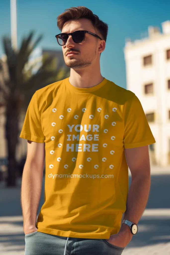 Man Wearing Orange T-shirt Mockup Front View Template