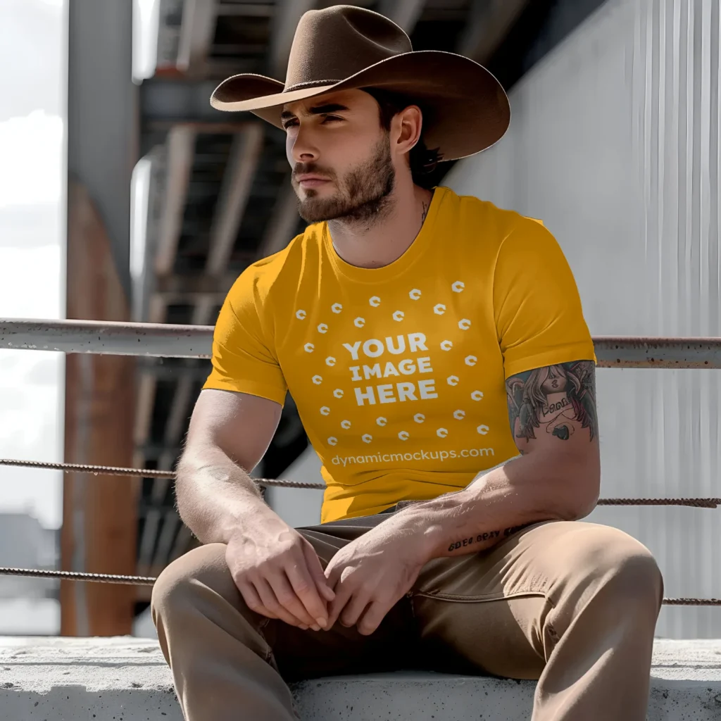 Man Wearing Orange T-shirt Mockup Front View Template