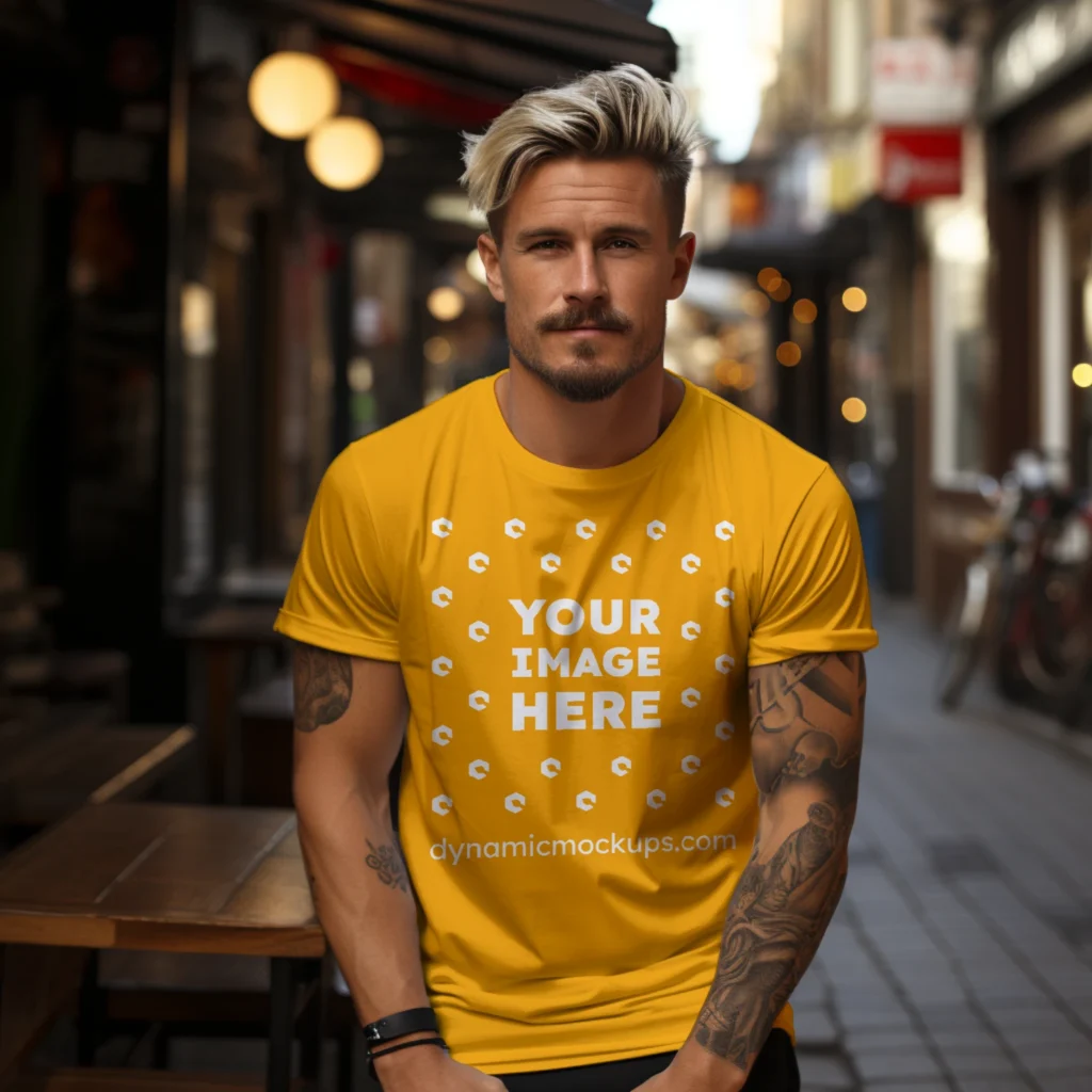 Man Wearing Orange T-shirt Mockup Front View Template