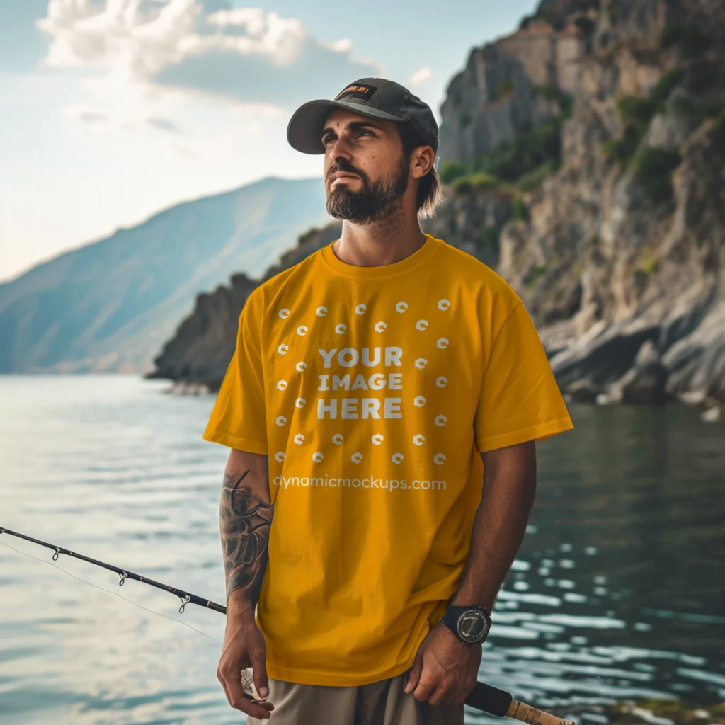 Man Wearing Orange T-shirt Mockup Front View Template