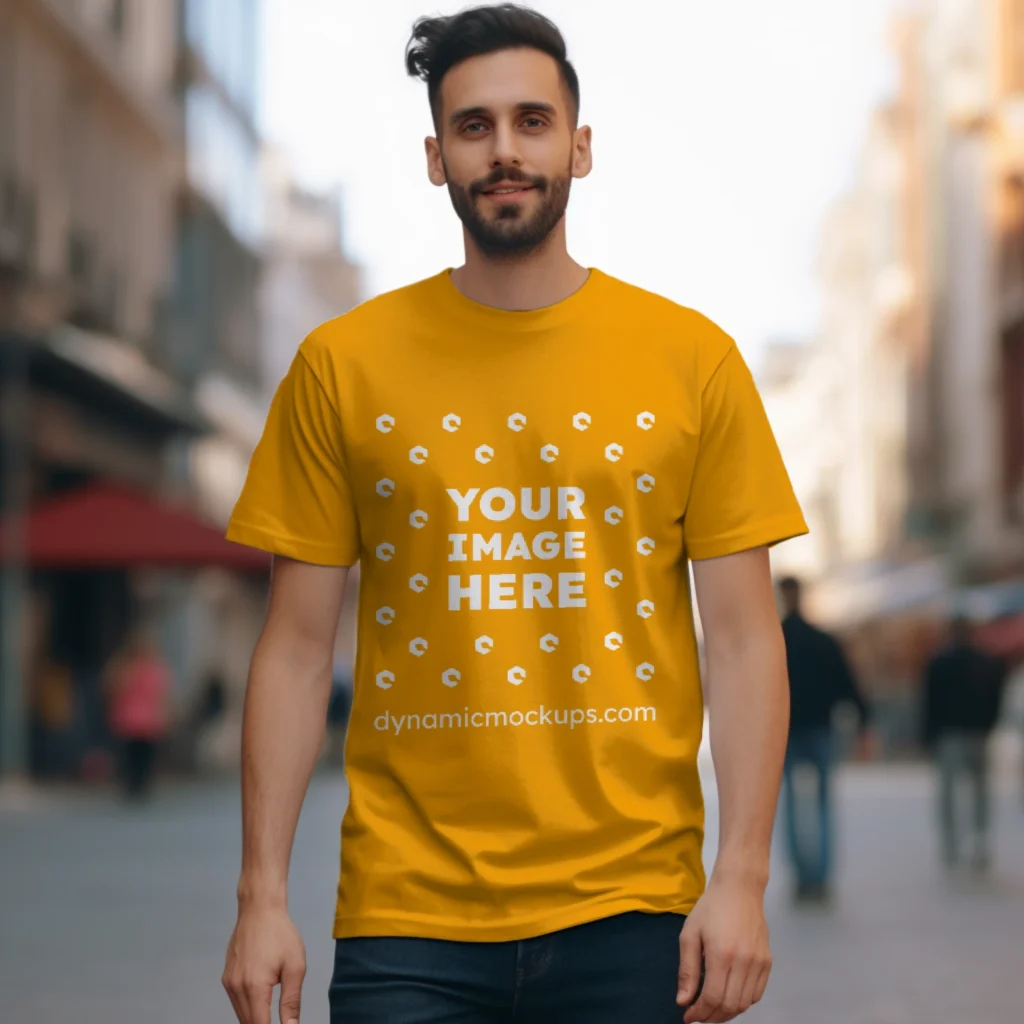 Man Wearing Orange T-shirt Mockup Front View Template