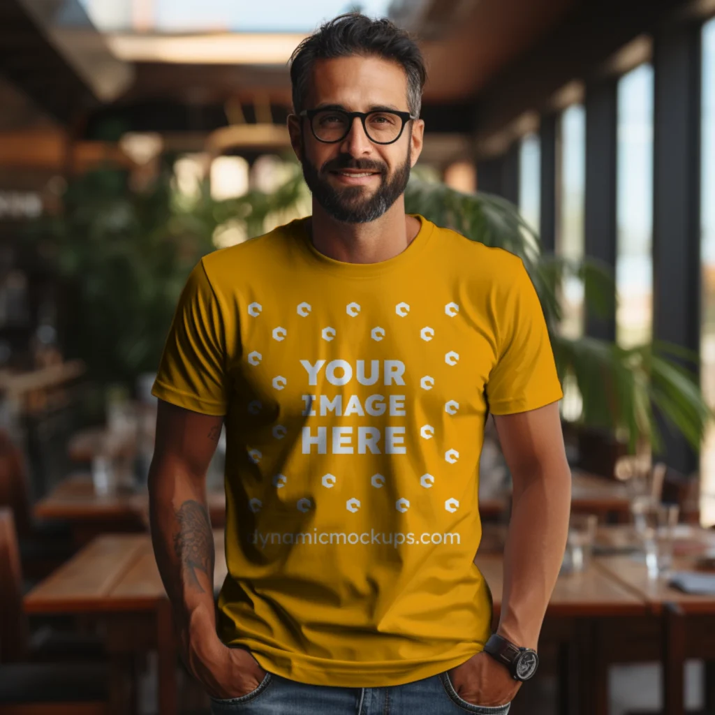 Man Wearing Orange T-shirt Mockup Front View Template