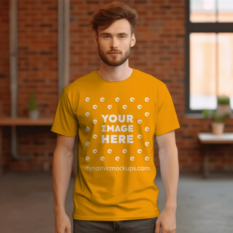 Man Wearing Orange T-shirt Mockup Front View Template