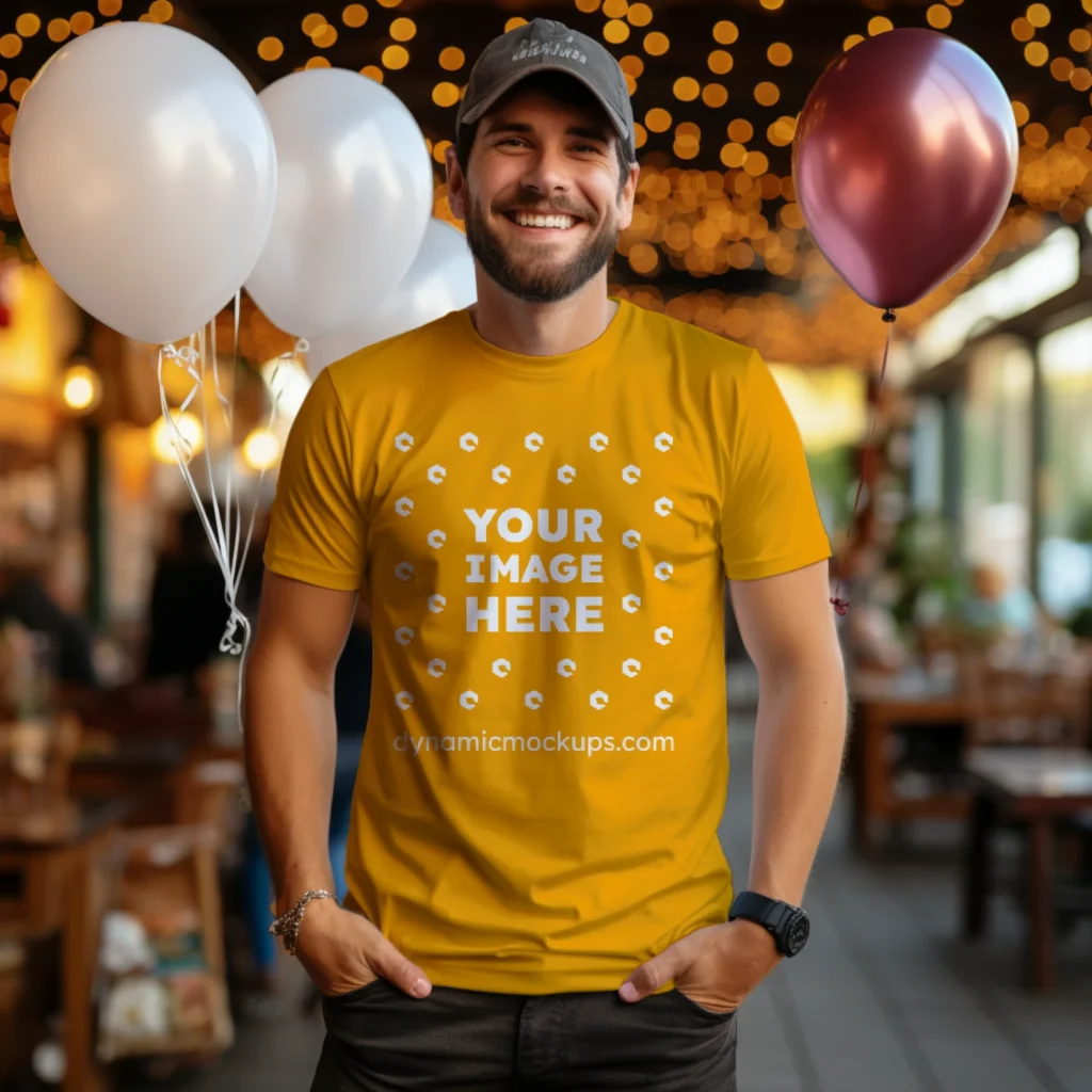 Man Wearing Orange T-shirt Mockup Front View Template