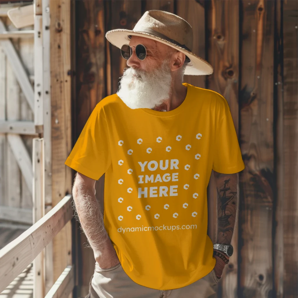 Man Wearing Orange T-shirt Mockup Front View Template