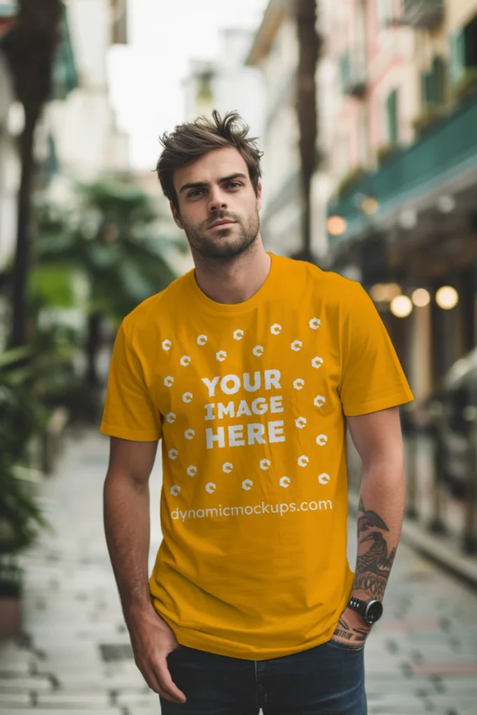 Man Wearing Orange T-shirt Mockup Front View Template