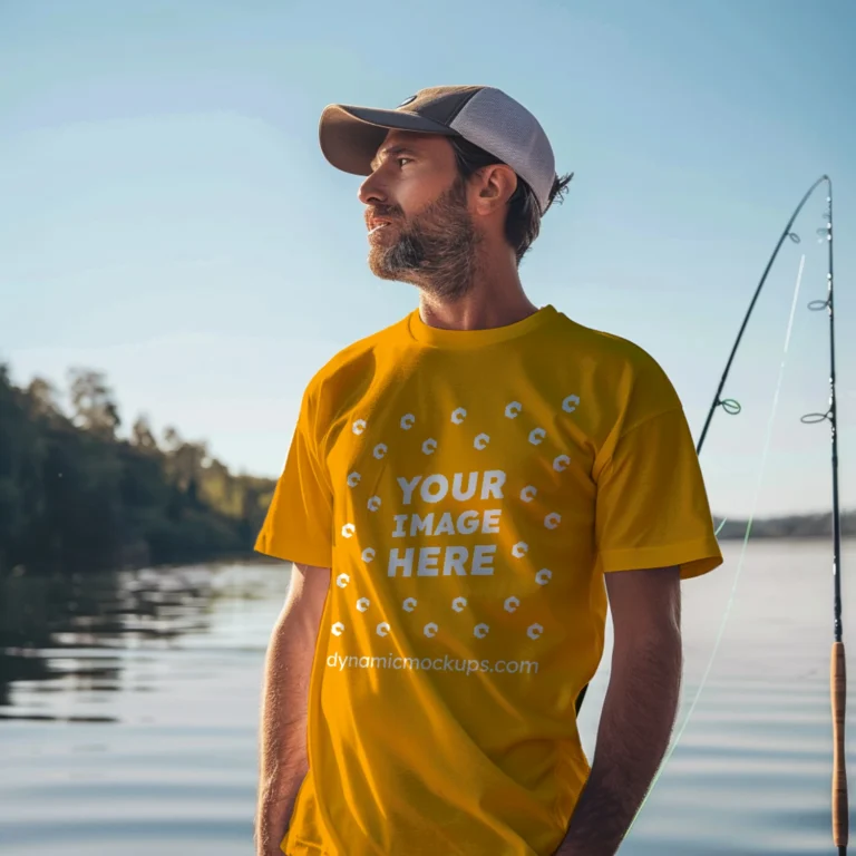 Man Wearing Orange T-shirt Mockup Front View Template