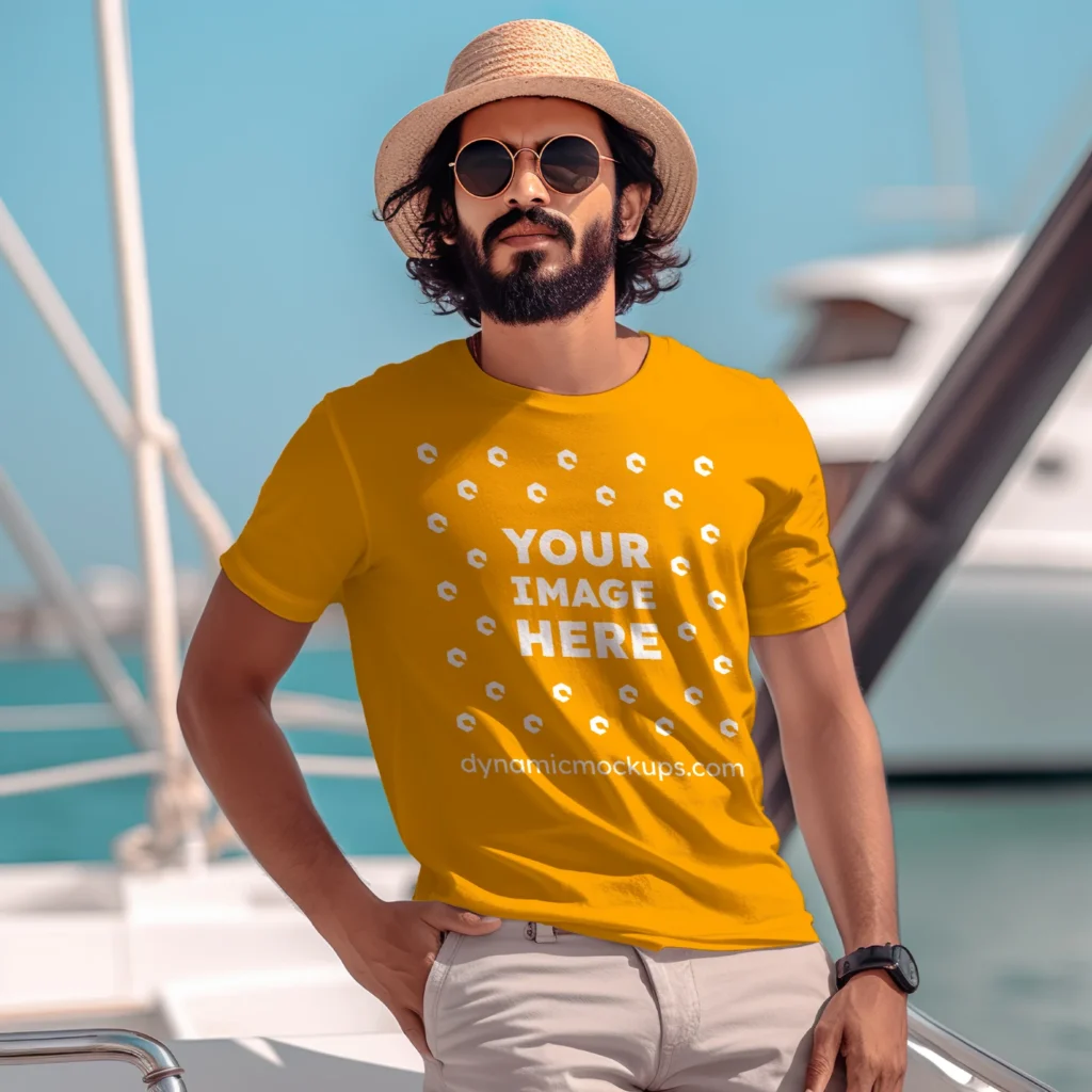 Man Wearing Orange T-shirt Mockup Front View Template