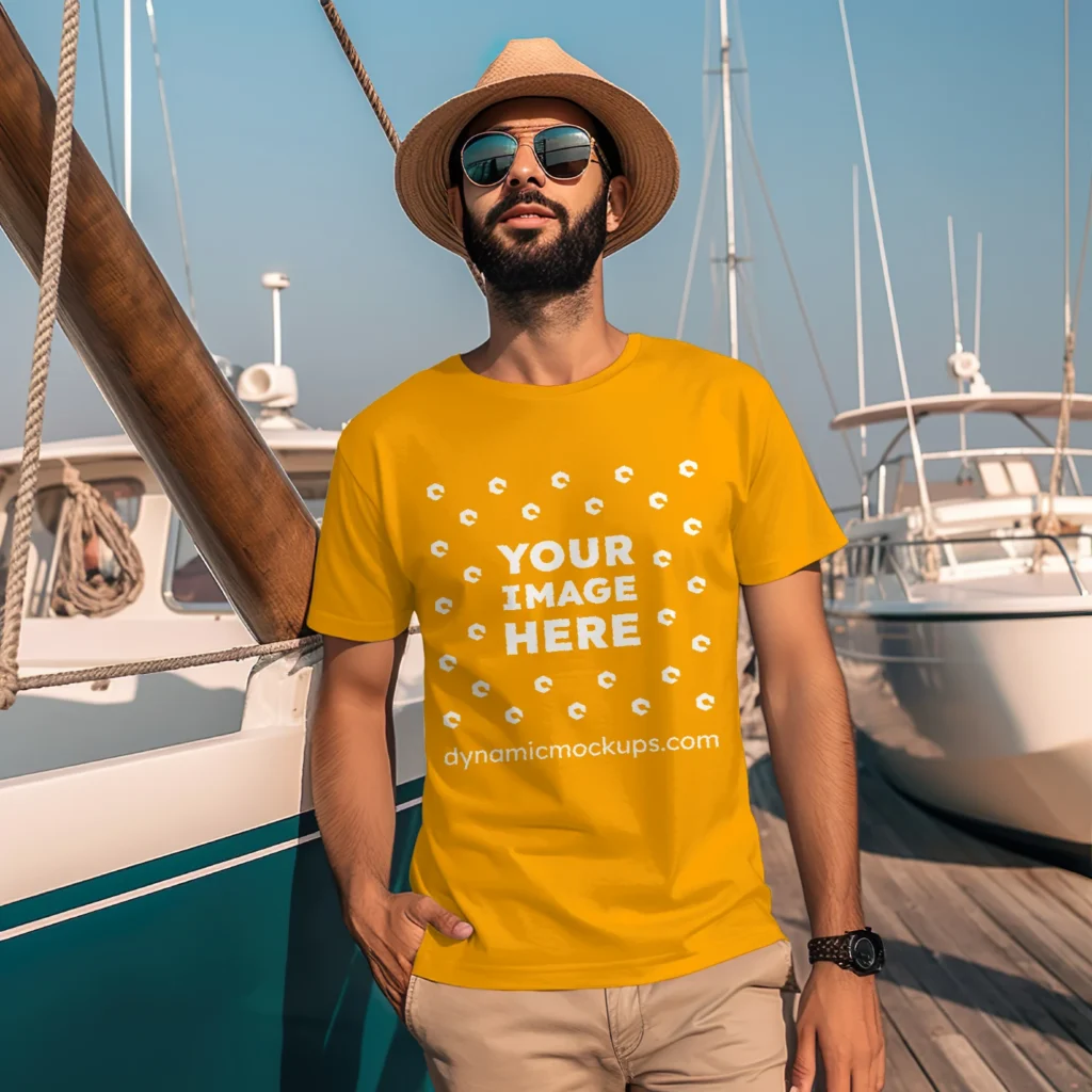 Man Wearing Orange T-shirt Mockup Front View Template