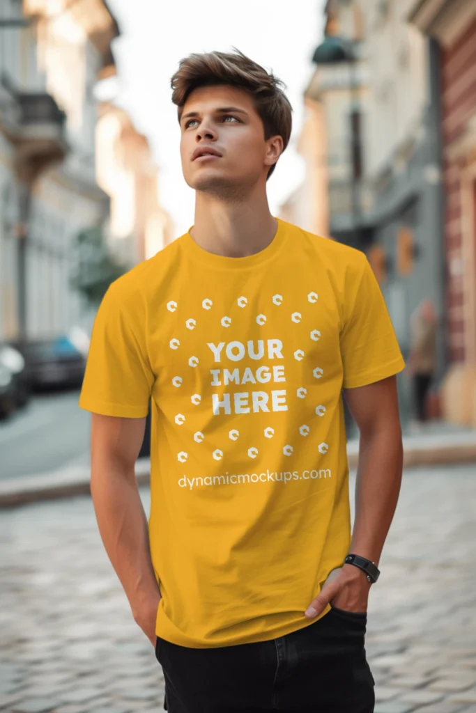 Man Wearing Orange T-shirt Mockup Front View Template