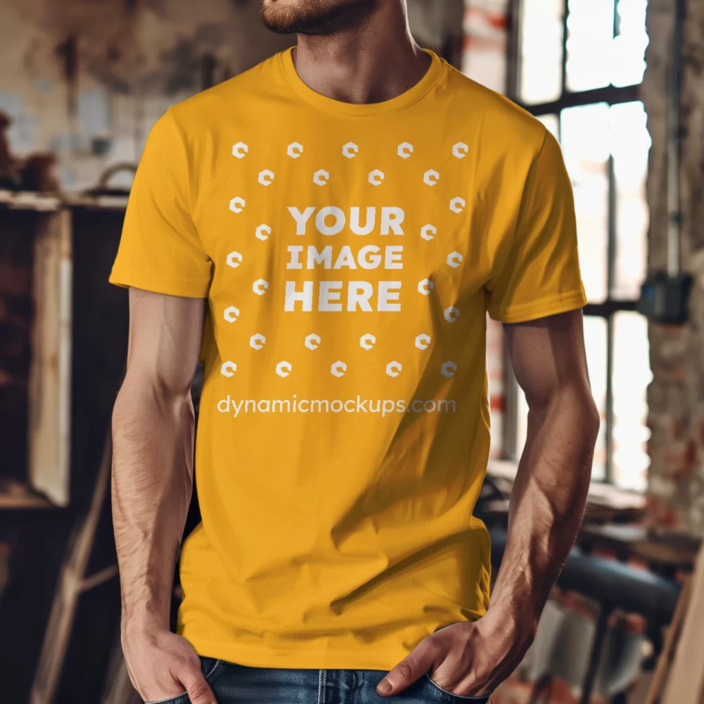 Man Wearing Orange T-shirt Mockup Front View Template