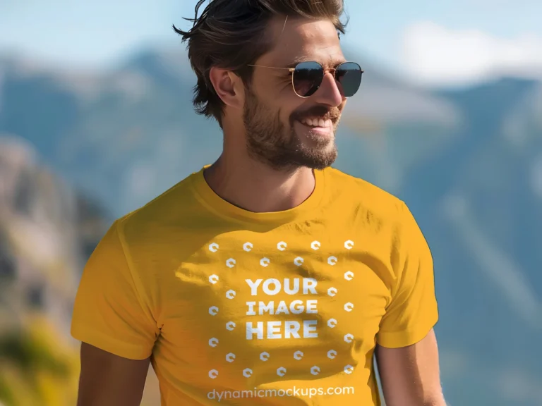 Man Wearing Orange T-shirt Mockup Front View Template