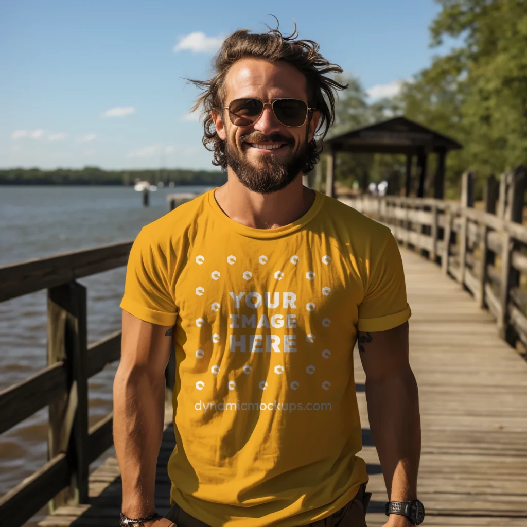 Man Wearing Orange T-shirt Mockup Front View Template