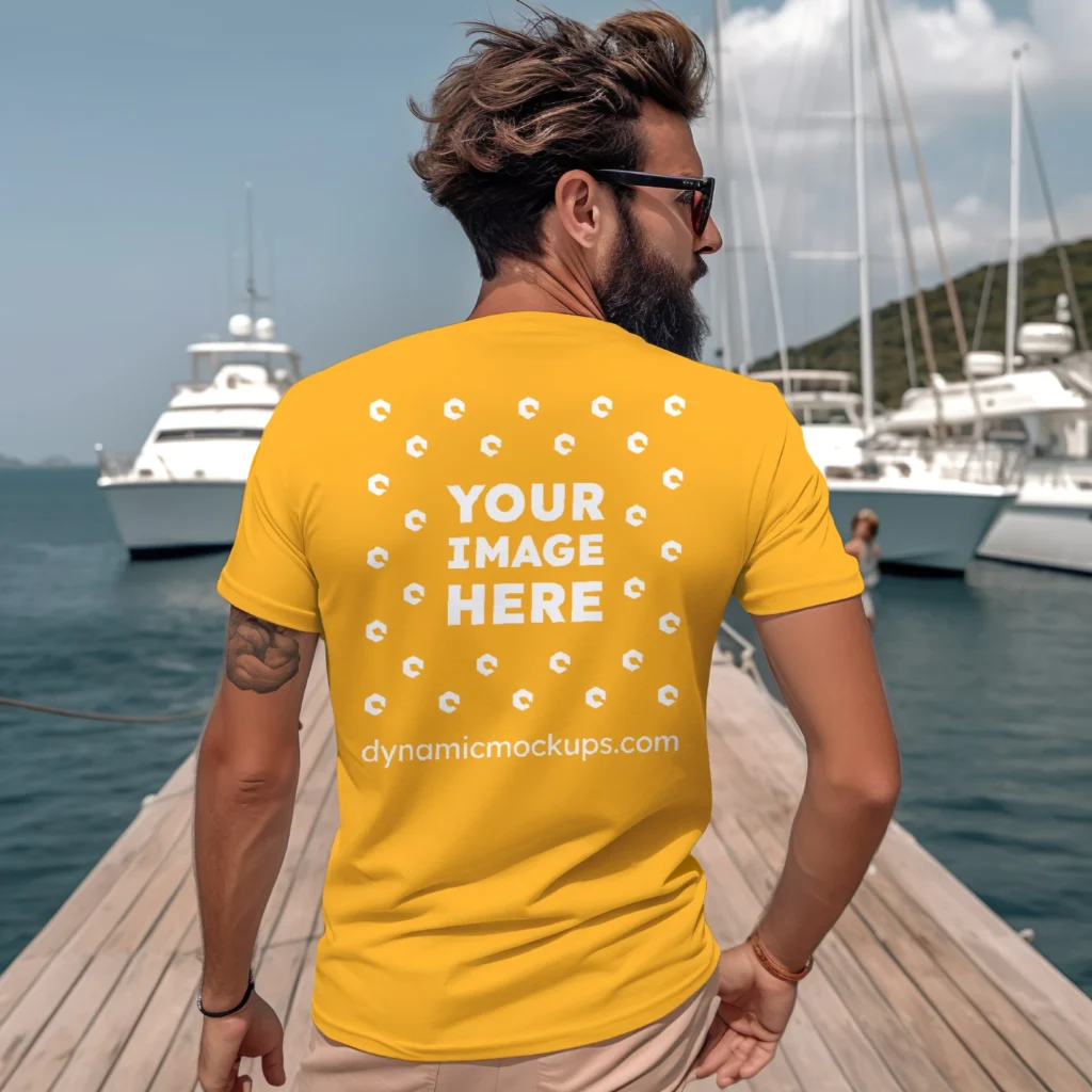 Man Wearing Orange T-shirt Mockup Back View Template