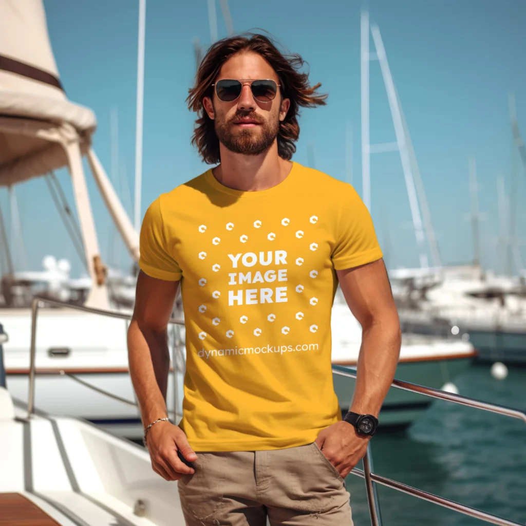 Man Wearing Orange T-shirt Mockup Front View Template