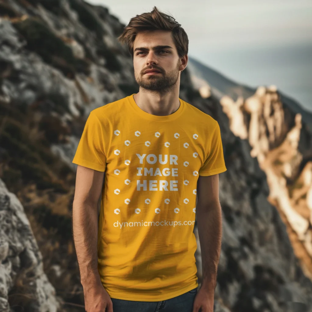 Man Wearing Orange T-shirt Mockup Front View Template