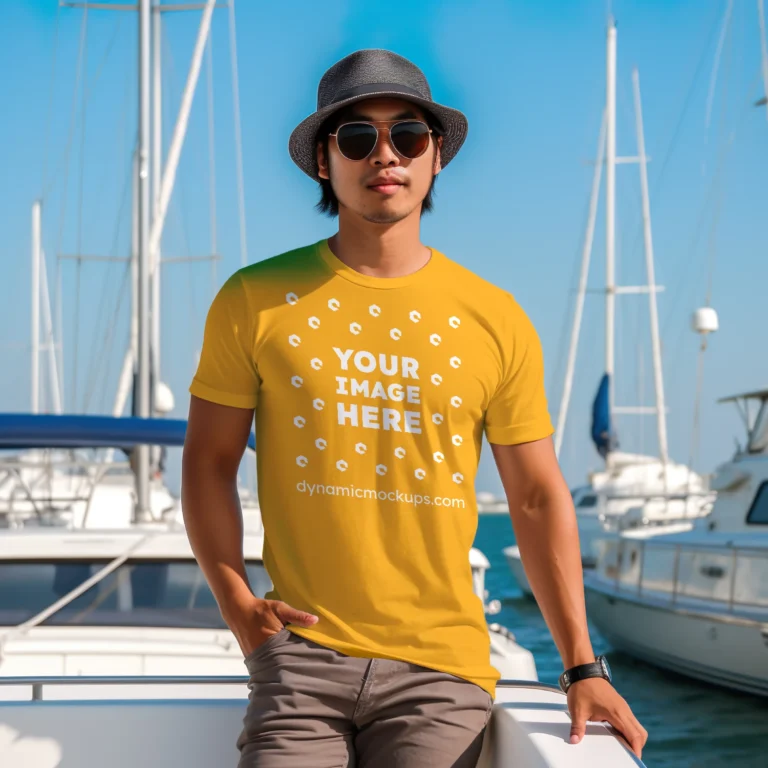 Man Wearing Orange T-shirt Mockup Front View Template