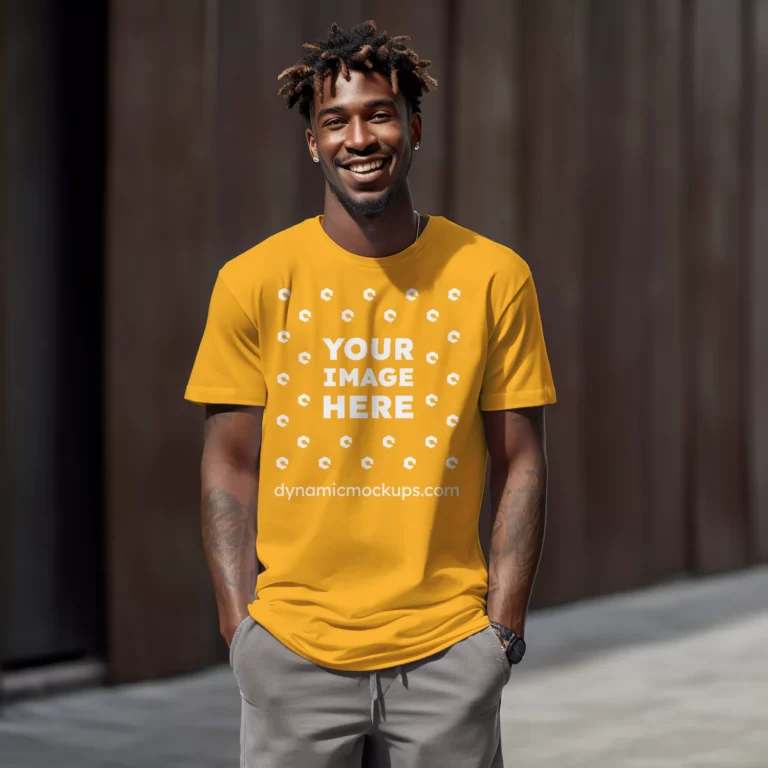 Man Wearing Orange T-shirt Mockup Front View Template