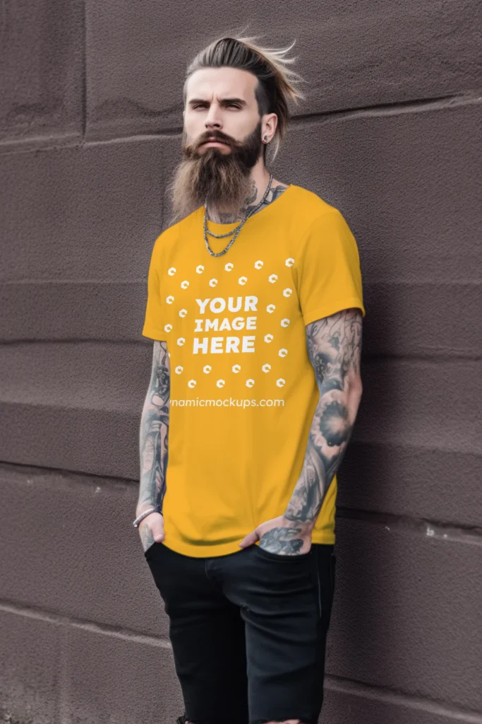 Man Wearing Orange T-shirt Mockup Front View Template