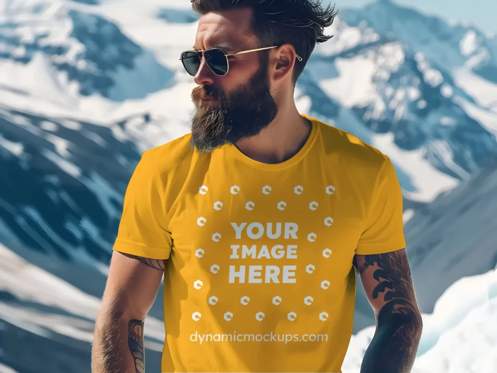 Man Wearing Orange T-shirt Mockup Front View Template