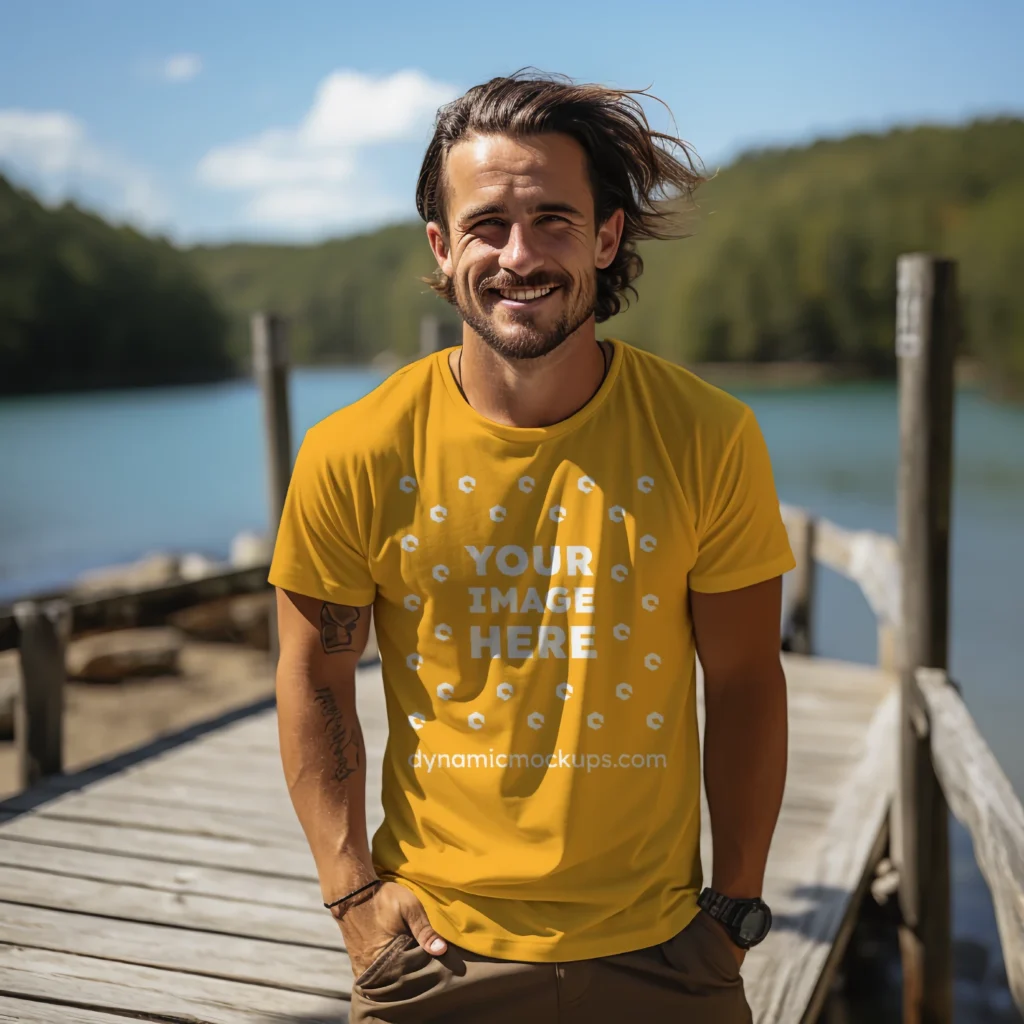 Man Wearing Orange T-shirt Mockup Front View Template