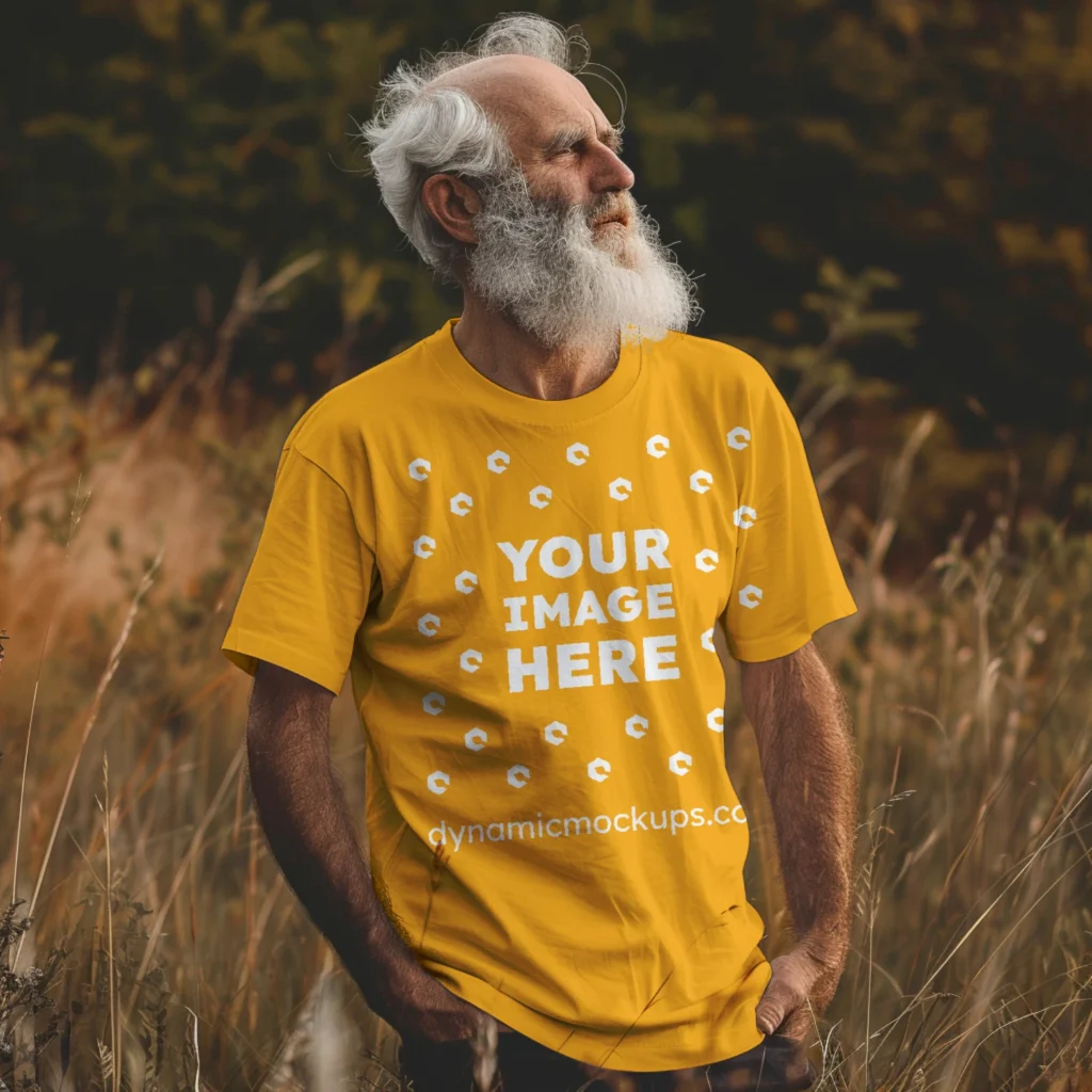 Man Wearing Orange T-shirt Mockup Front View Template