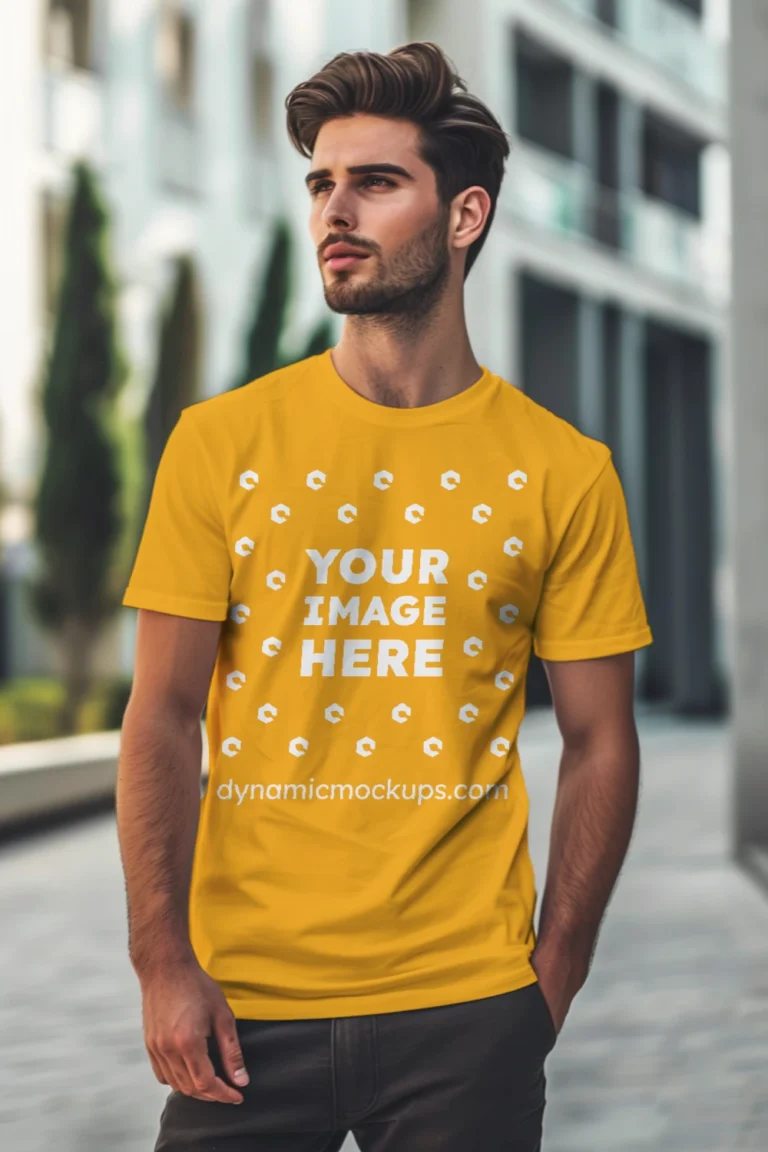 Man Wearing Orange T-shirt Mockup Front View Template