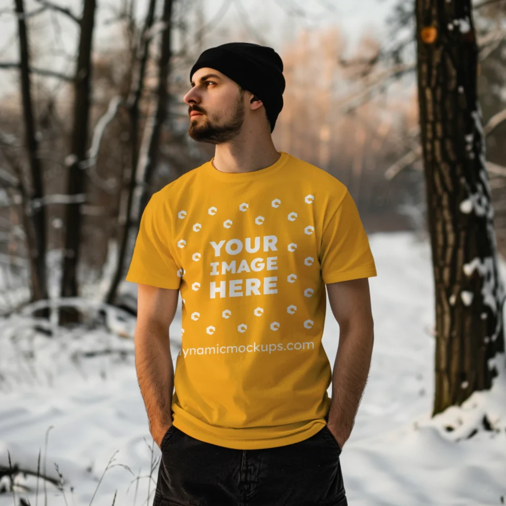 Man Wearing Orange T-shirt Mockup Front View Template