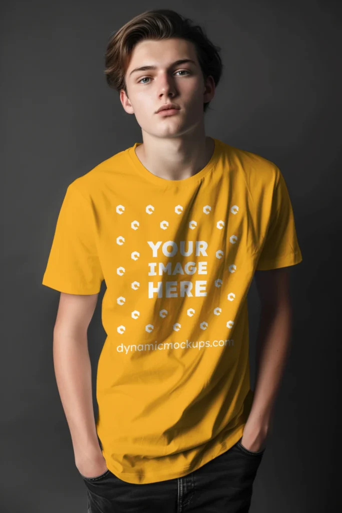 Man Wearing Orange T-shirt Mockup Front View Template